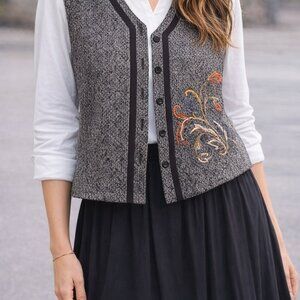 Boho chic Vintage Salt and pepper tweed vest with embroidery, wool mix